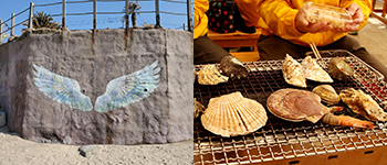 観光スポット「天使の羽」と牡蠣小屋の写真